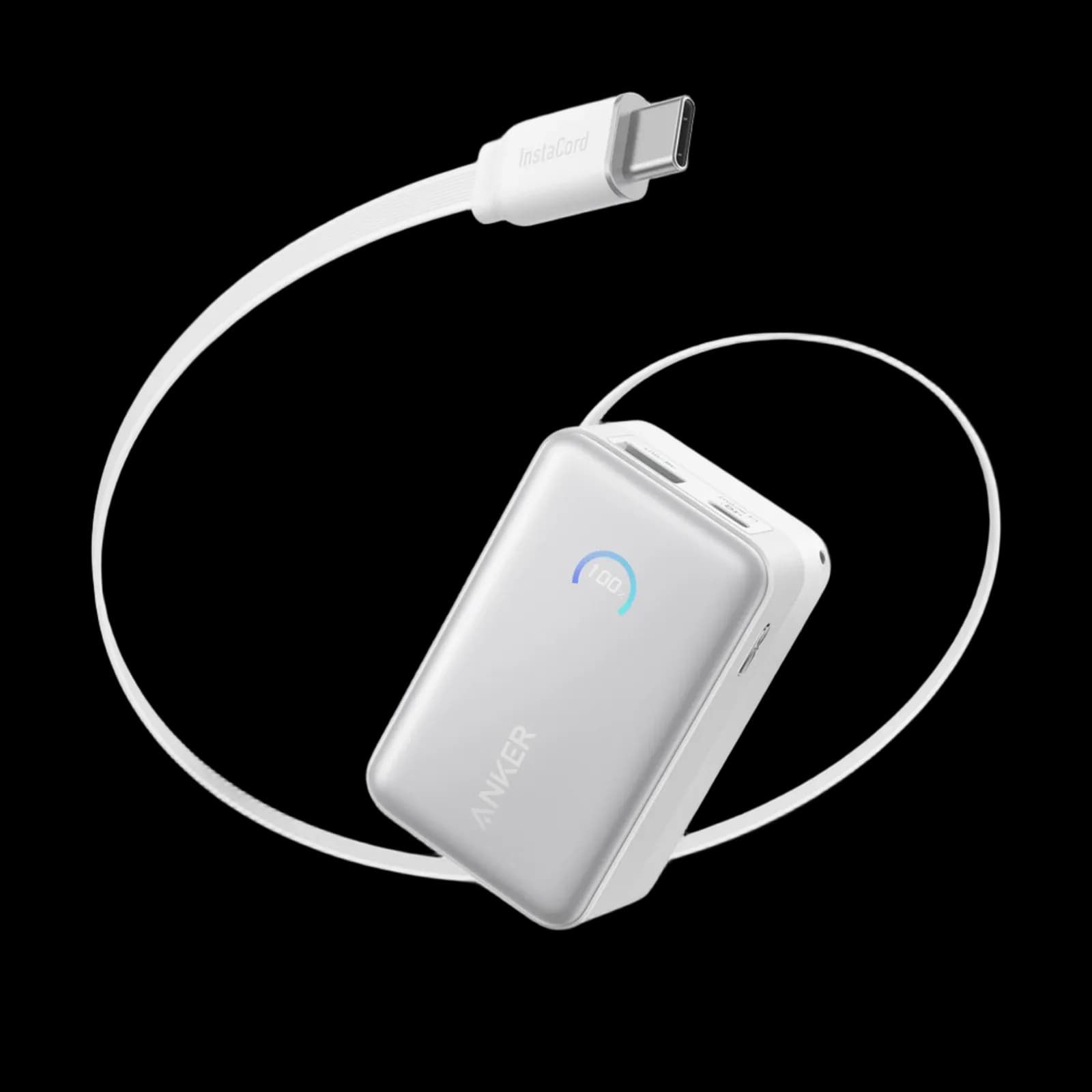 Anker Nano Power Bank (10K, 45W, Built-In Retractable USB-C Cable) White, Smart Display, 70 cm Retractable USB-C Cable, 1x USB-A, 1x USB-C